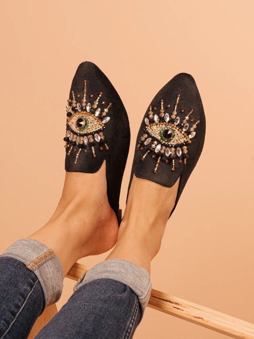 Embellished Black Slip-On Mule with Crystal Eye Detail